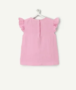 Blouse bébé fille en gaze de coton rose avec volants