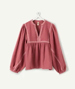 Blouse fille ample vieux rose brodée