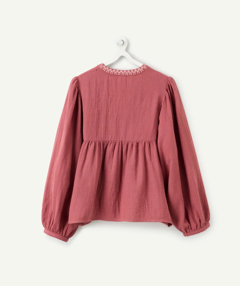 Blouse fille ample vieux rose brodée
