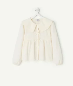 Blouse fille coton écru à col volanté