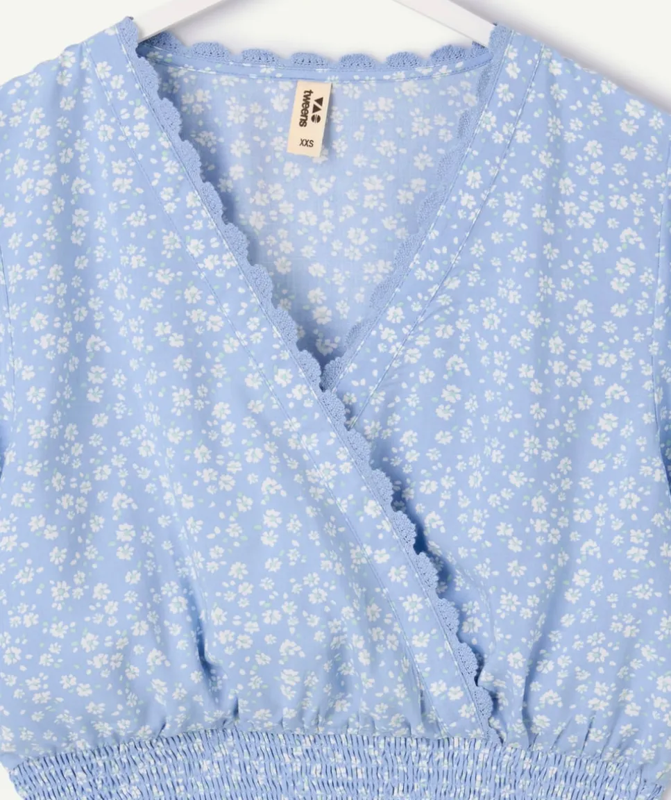 Blouse fille courte bleue fleurie