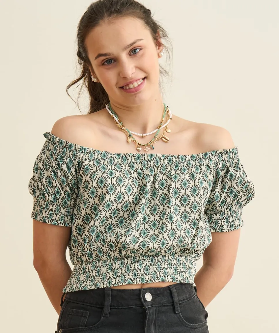 Blouse fille courte vert imprimé
