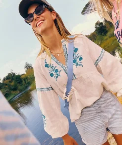Blouse fille oversize écru broderies