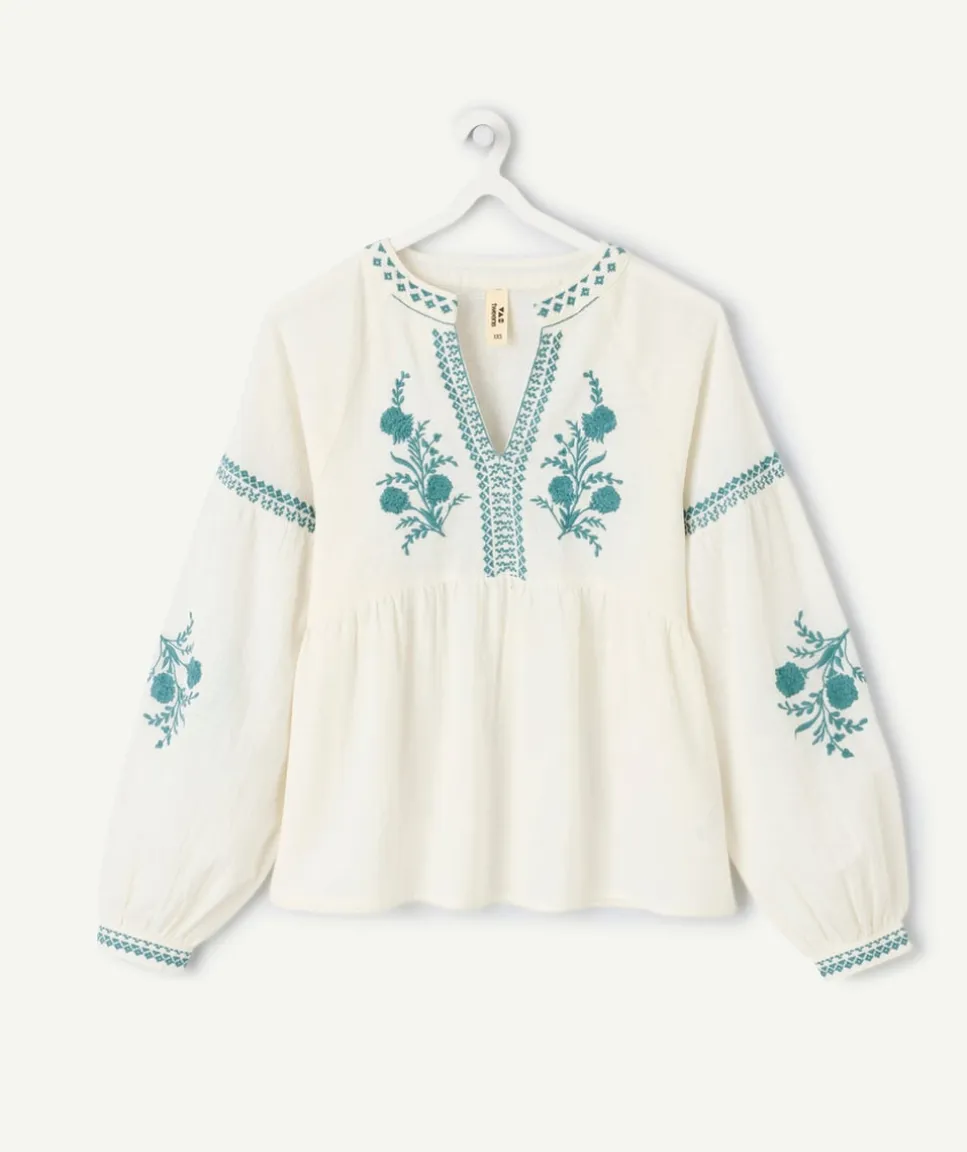 Blouse fille oversize écru broderies