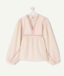 Blouse fille oversize écrue broderie