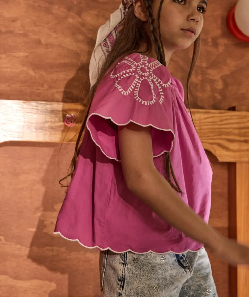 Blouse fille violette manches papillon brodées