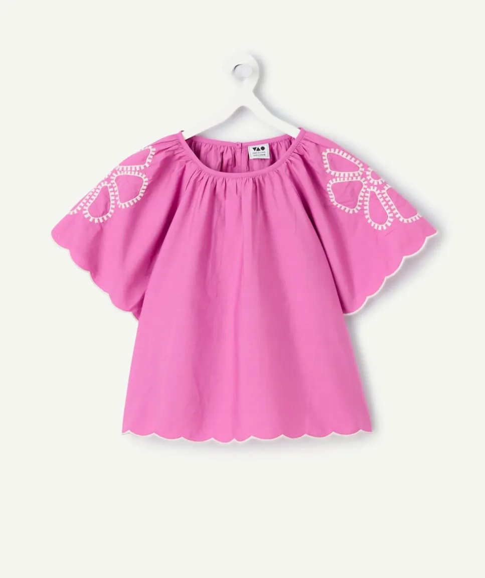 Blouse fille violette manches papillon brodées