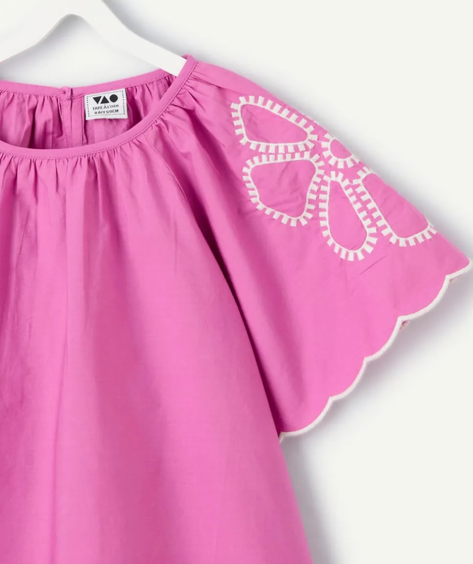 Blouse fille violette manches papillon brodées
