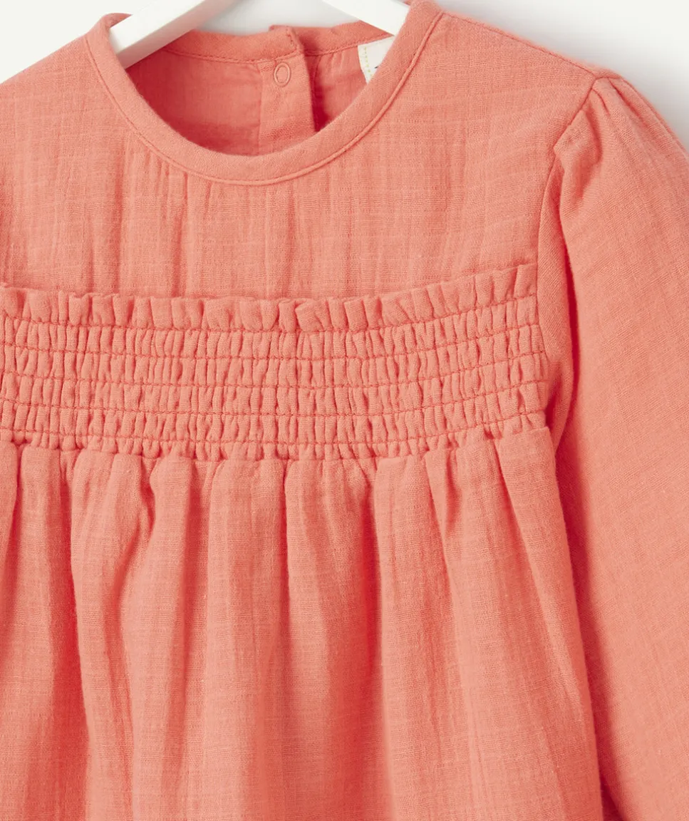 Blouse manche longues bébé fille en gaze de coton corail