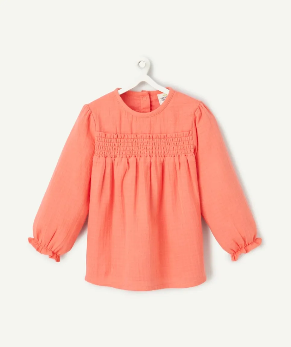Blouse manche longues bébé fille en gaze de coton corail
