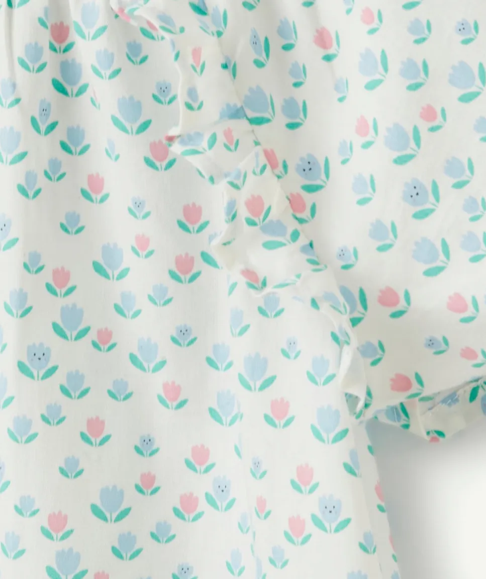Blouse manches courtes bébé fille en coton imprimé fleuri rose et bleu
