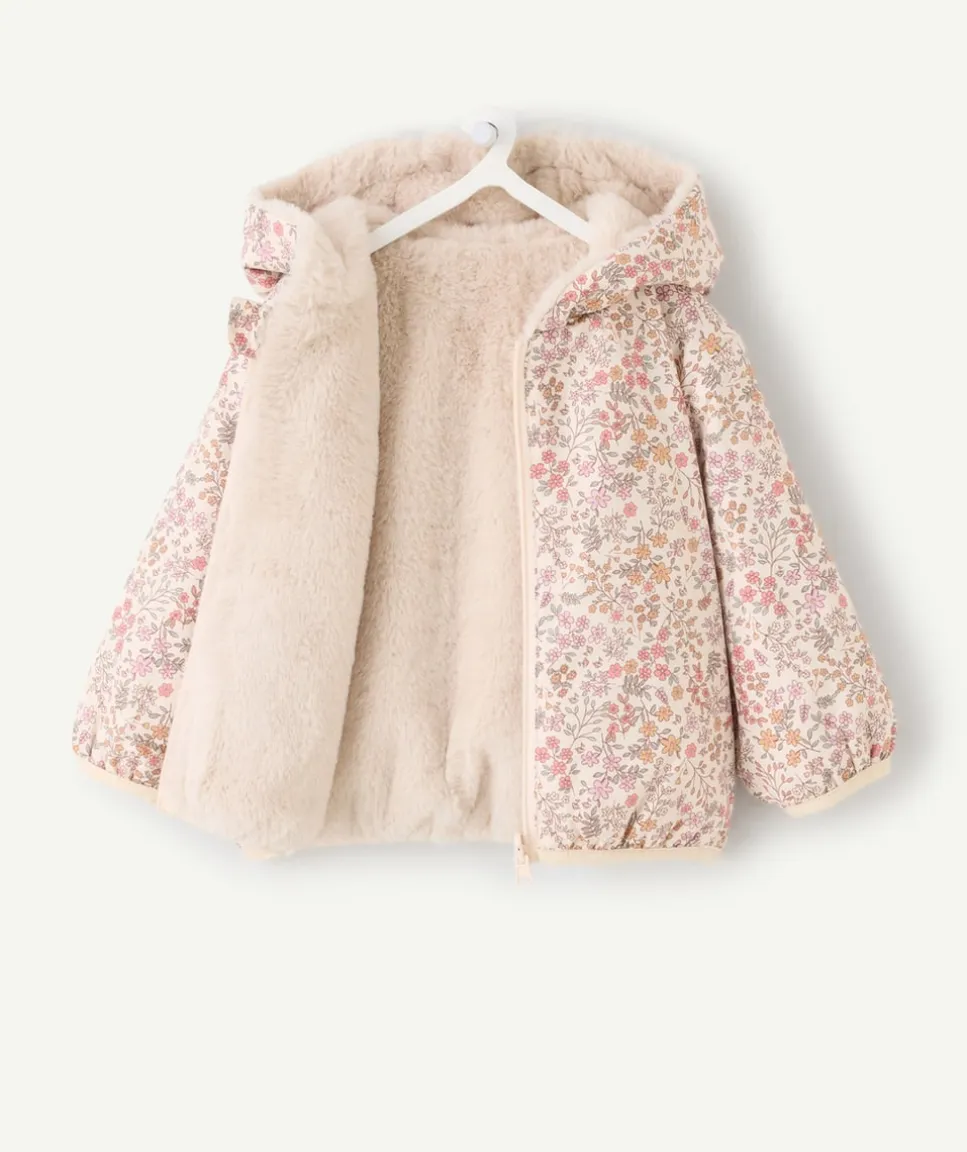 Blouson réversible bébé fille fleuri et fausse fourrure