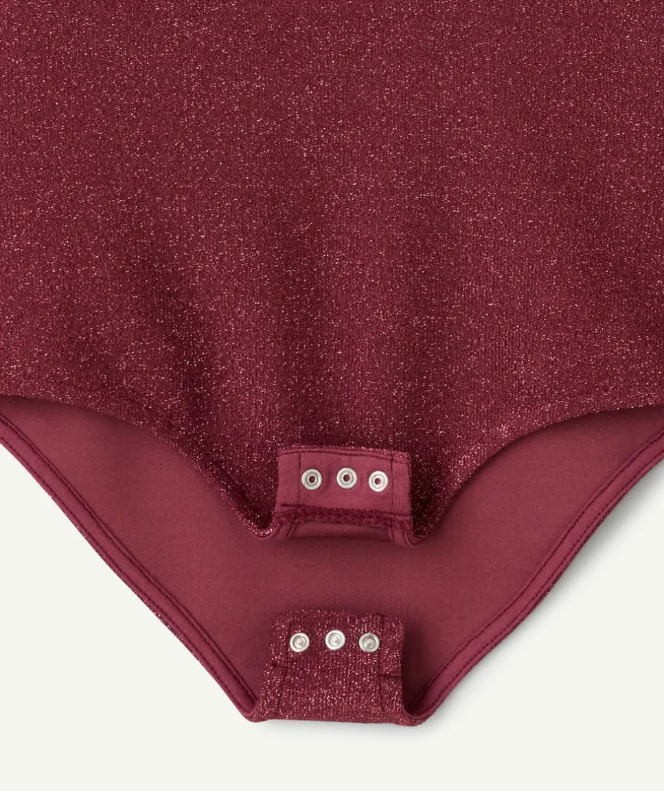 Body manches longues fille à paillettes bordeaux et col volanté