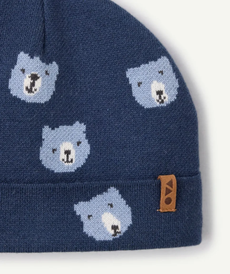 Bonnet bébé garçon bleu imprimé ours