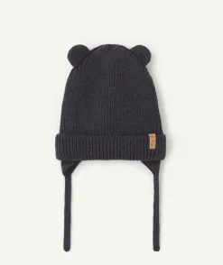 Bonnet bébé garçon bleu marine en fibres recyclées avec oreilles
