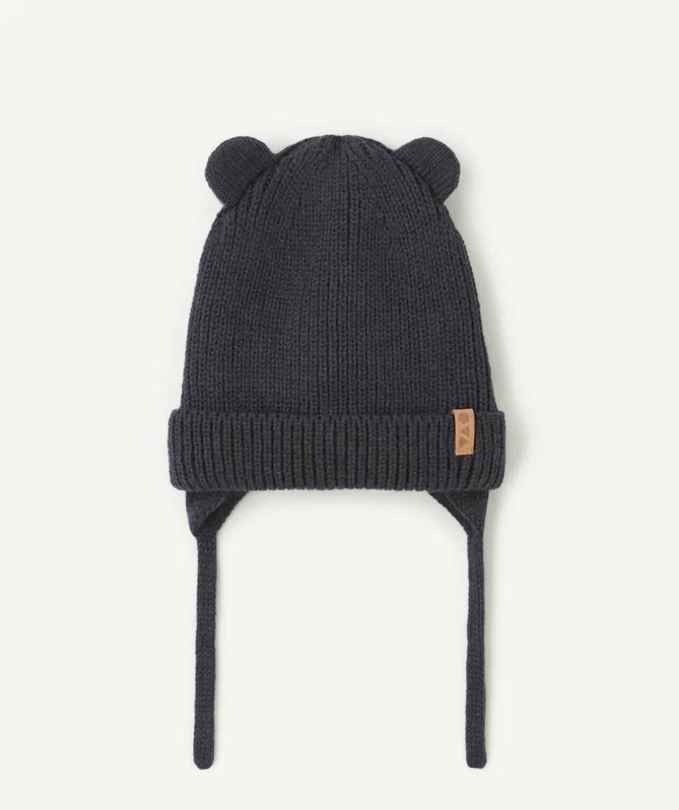 Bonnet bébé garçon bleu marine en fibres recyclées avec oreilles