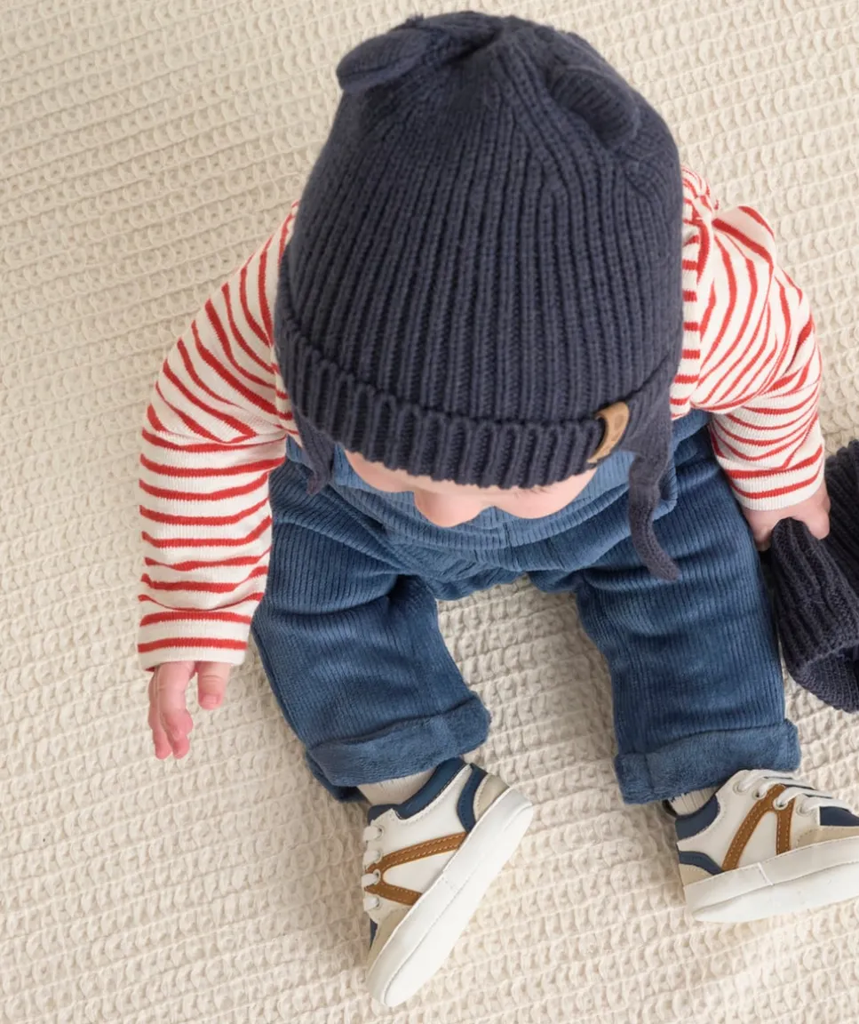 Bonnet bébé garçon bleu marine en fibres recyclées avec oreilles