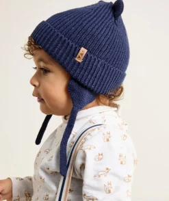 Bonnet bébé garçon bleu marine en fibres recyclées avec oreilles