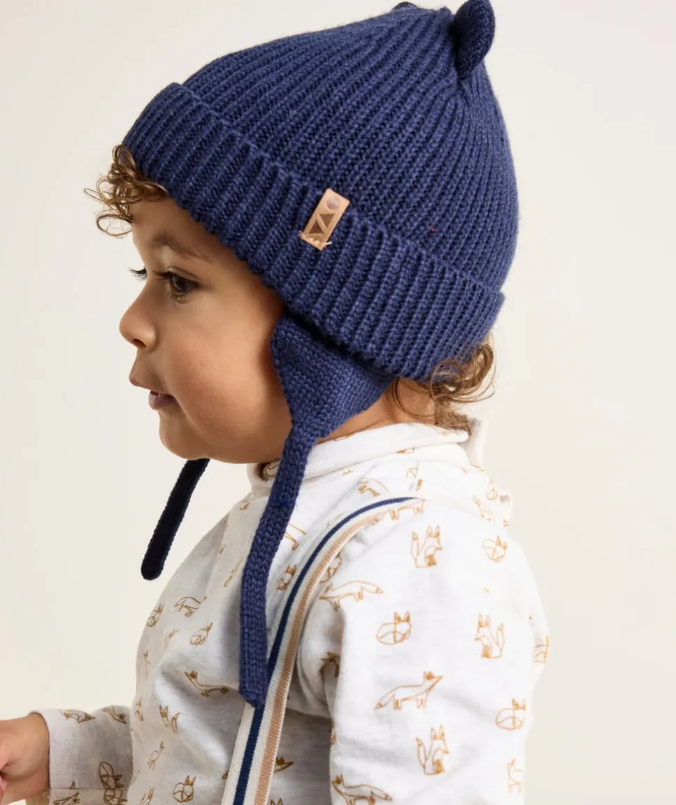 Bonnet bébé garçon bleu marine en fibres recyclées avec oreilles