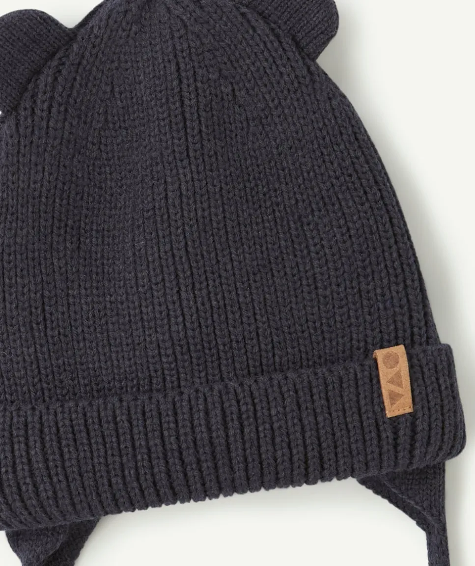 Bonnet bébé garçon bleu marine en fibres recyclées avec oreilles