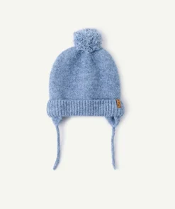 Bonnet bébé garçon bleu pompon liens