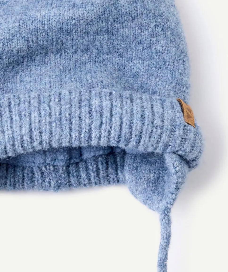Bonnet bébé garçon bleu pompon liens