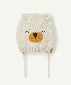 Bonnet bébé garçon en fibres recyclées écru avec animation ours