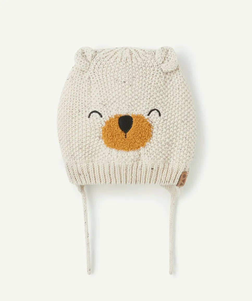 Bonnet bébé garçon en fibres recyclées écru avec animation ours
