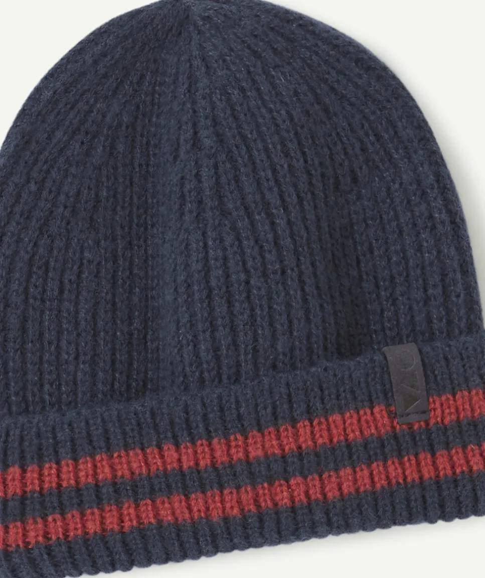 Bonnet bébé garçon en fibres recyclées bleu marine et rayures rouges