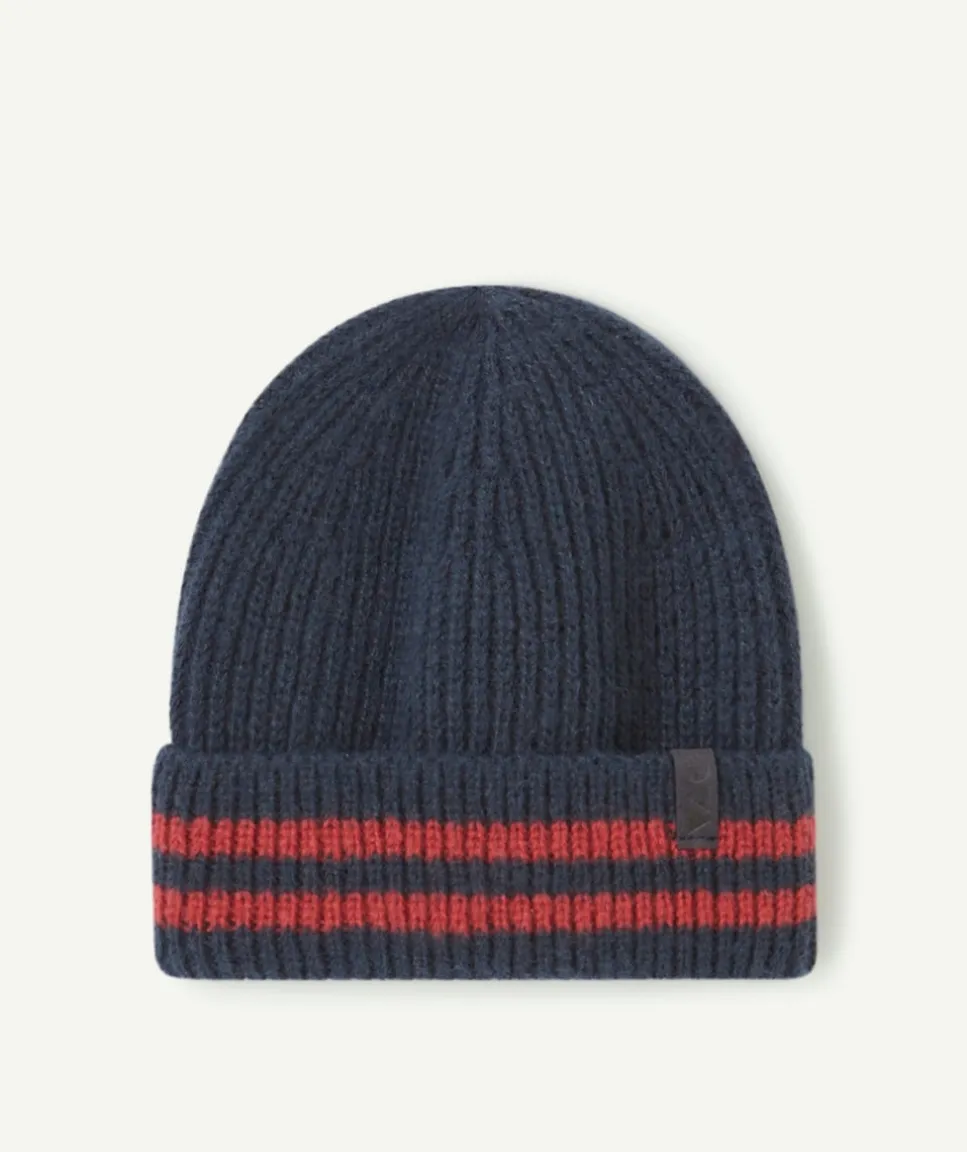 Bonnet bébé garçon en fibres recyclées bleu marine et rayures rouges