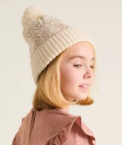 Bonnet fille à motifs nordiques en fibres recyclées avec pompon