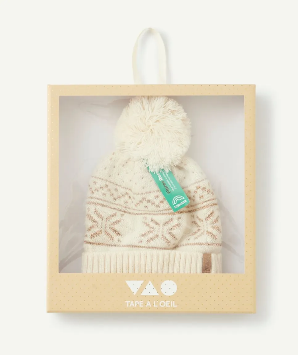 Bonnet fille à motifs nordiques en fibres recyclées avec pompon