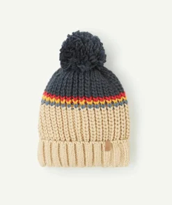 Bonnet garçon beige à pompon détail coloré
