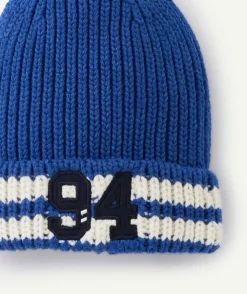 Bonnet garçon en fibres recyclées bleu avec rayures