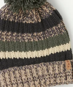 Bonnet garçon en fibres recyclées beige kaki et noir rayé avec pompon