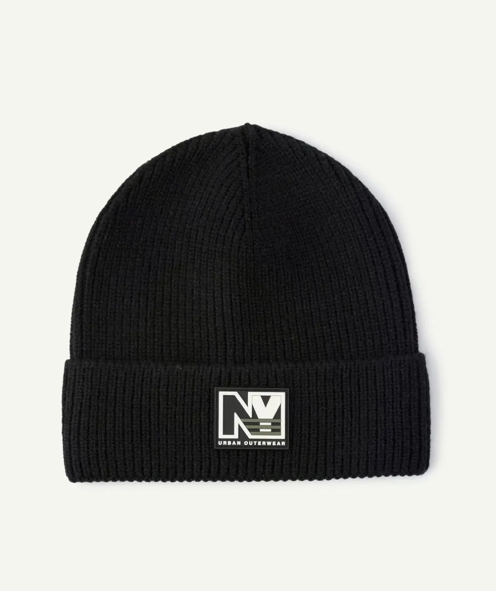 Bonnet garçon noir maille côtelée patch
