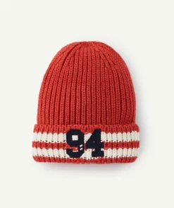 Bonnet garçon rouge à rayures et chiffre