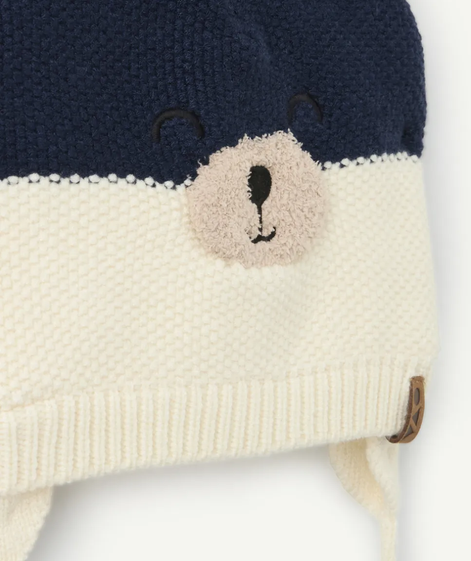 Bonnet garçon tricot bleu blanc ours