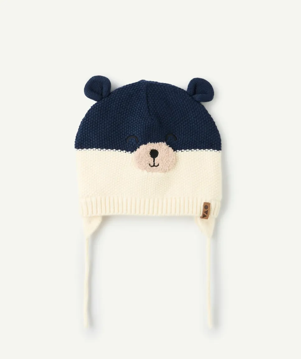 Bonnet garçon tricot bleu blanc ours