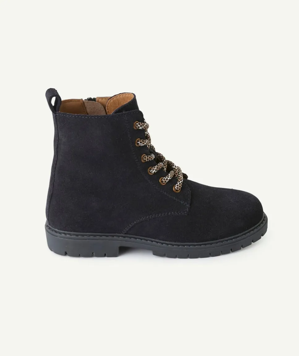 Bottes garçon en partie en cuir noir à faux lacets