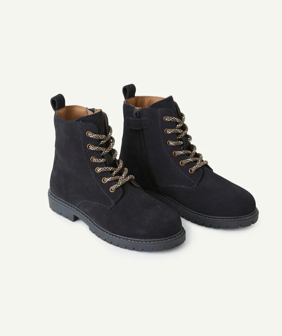 Bottes garçon en partie en cuir noir à faux lacets