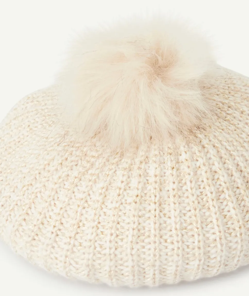Béret fille en fibres recyclées écru avec pompon