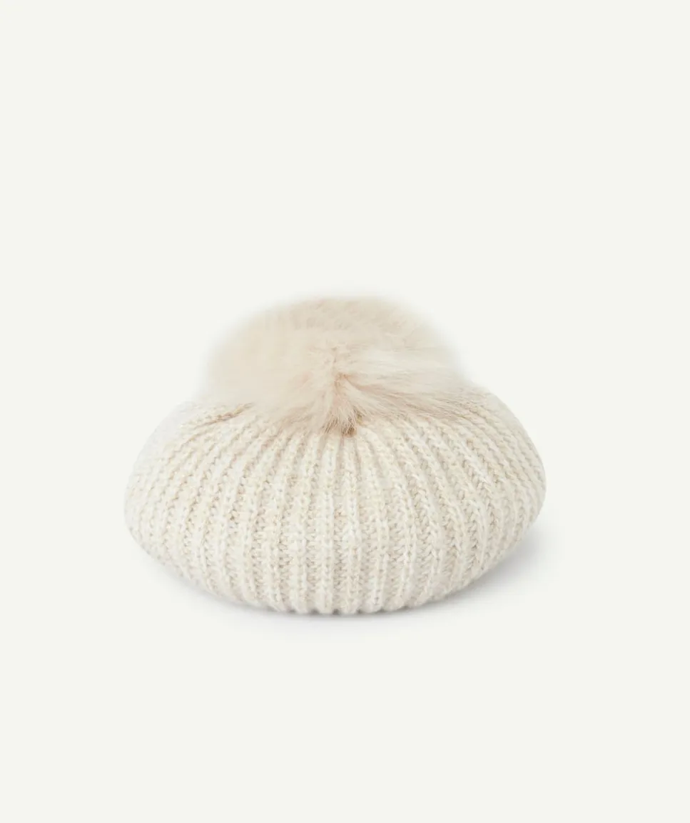 Béret fille en fibres recyclées écru avec pompon