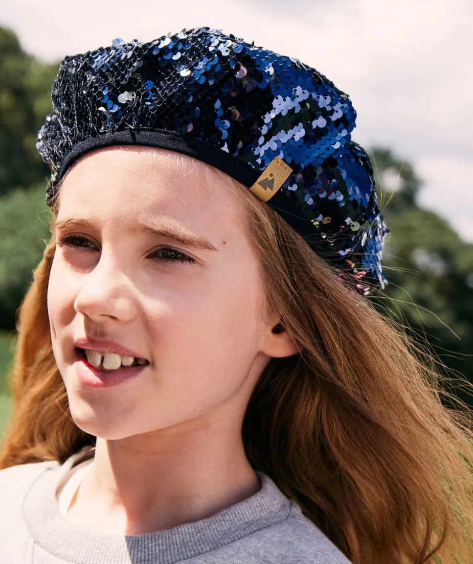 Béret fille à sequins réversibles bleu marine et couleur argentée