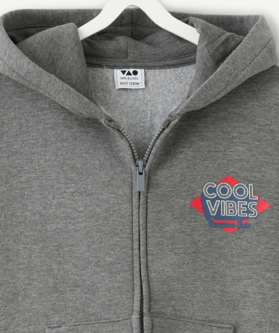 Cardigan garçon zippé gris capuche imprimé