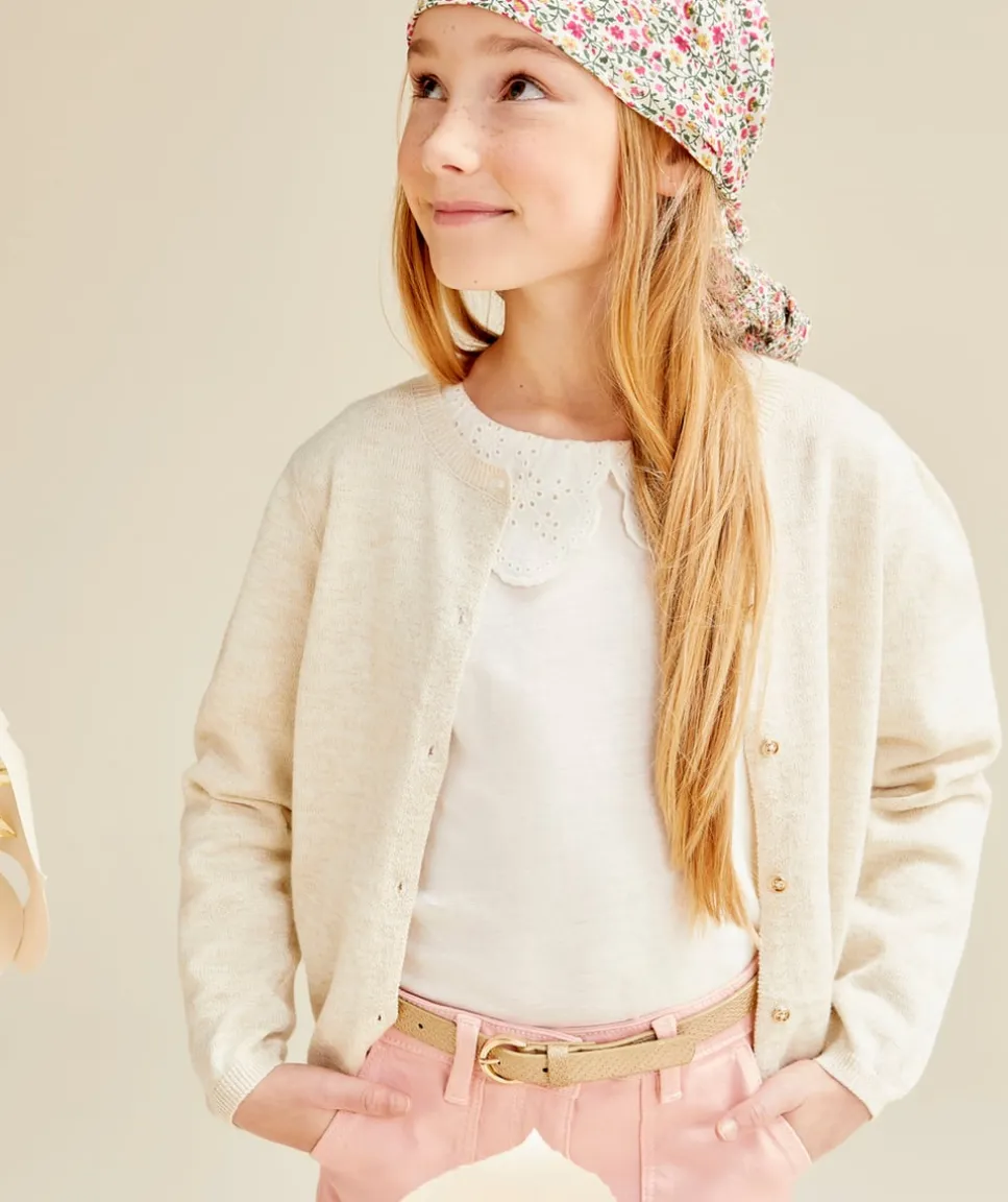 Cardigan manches longues fille écru avec détails pailletés