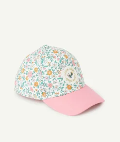 Casquette bébé fille rose et blanc imprimé fleuri avec patch brodé