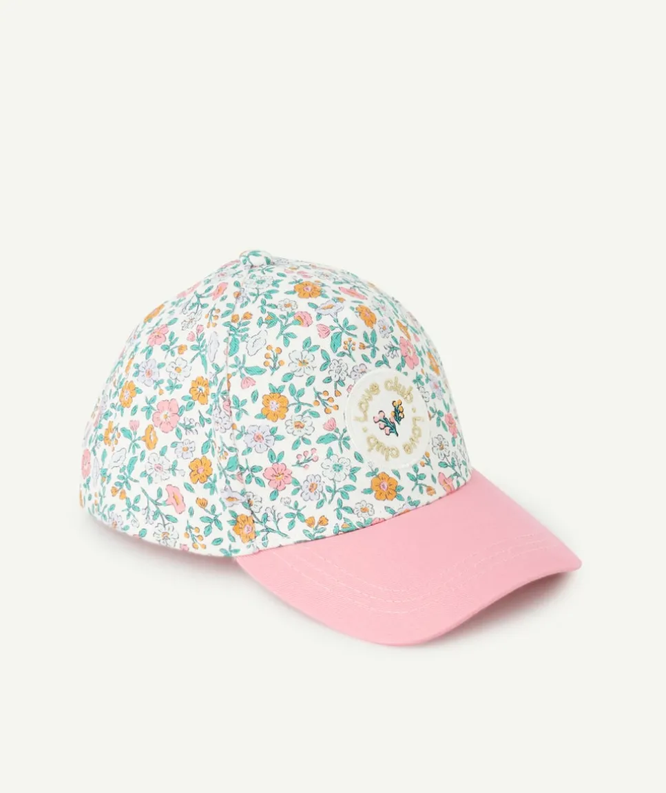Casquette bébé fille rose et blanc imprimé fleuri avec patch brodé