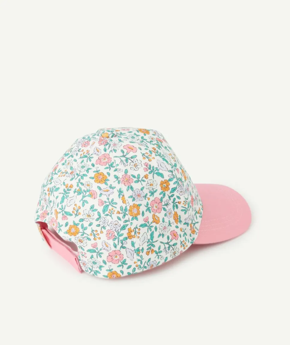 Casquette bébé fille rose et blanc imprimé fleuri avec patch brodé