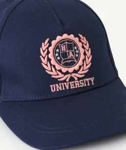 Casquette fille bleu marine thème campus brodé rose